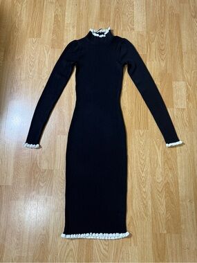 H & M Black Long-Sleeve Knit Midi Dress with White Ruffle Trim - Size XS